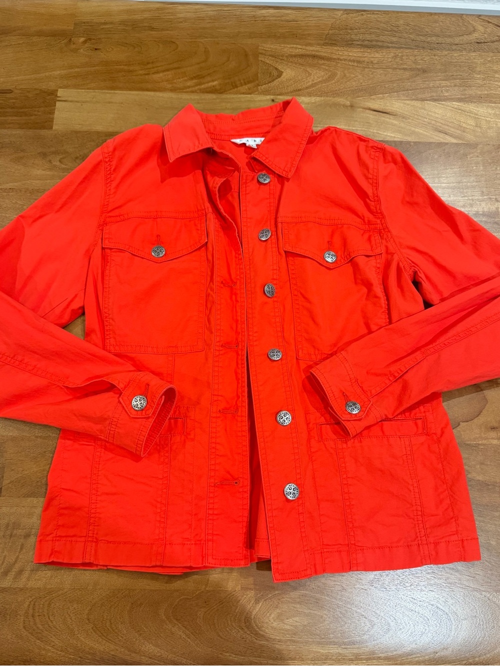 CAbi Bright Red Button-Front Jacket w/ Tiered Ruffle Coat Tail Size Medium